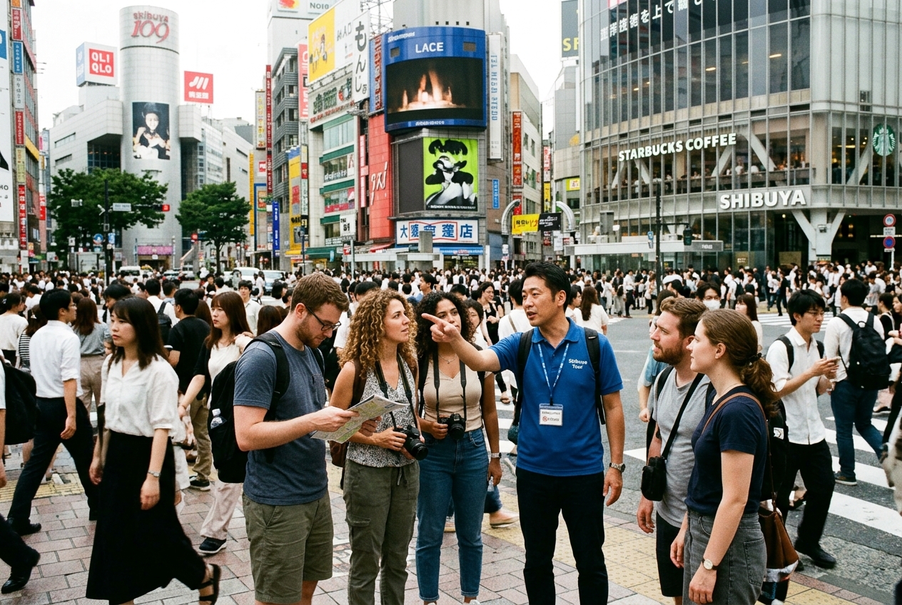 Shibuya Crossing aerial view with bustling crowds